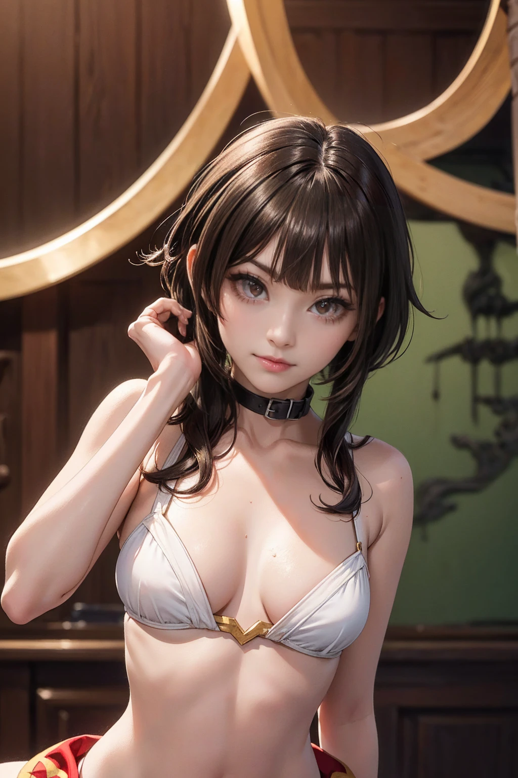 ((ultra quality)), ((Masterpiece)), ((8K)), ((Megumin)), ((brown hair)), (Beautiful face), (), charming, ((curious facial expression)), looks at the camera with a slight smile, eyes closed a little, (Skin color white), (White skin), glare on the body, ((detailed beautiful female eyes)), ((Red eyes)), (beautiful female lips), (dark eyeliner), (beautiful female hands), ((Ideal female figure)), Ideal female body, beautiful waist, beautiful hips, small breasts, (cloth: Megumin costume), ((subtle and beautiful)), sits seductively (), background: fantasy guild of heroes, ((depth of field)), ((high quality clear image)), (clear details), ((High detail)), realistically, ((Clear Focus)), anime.