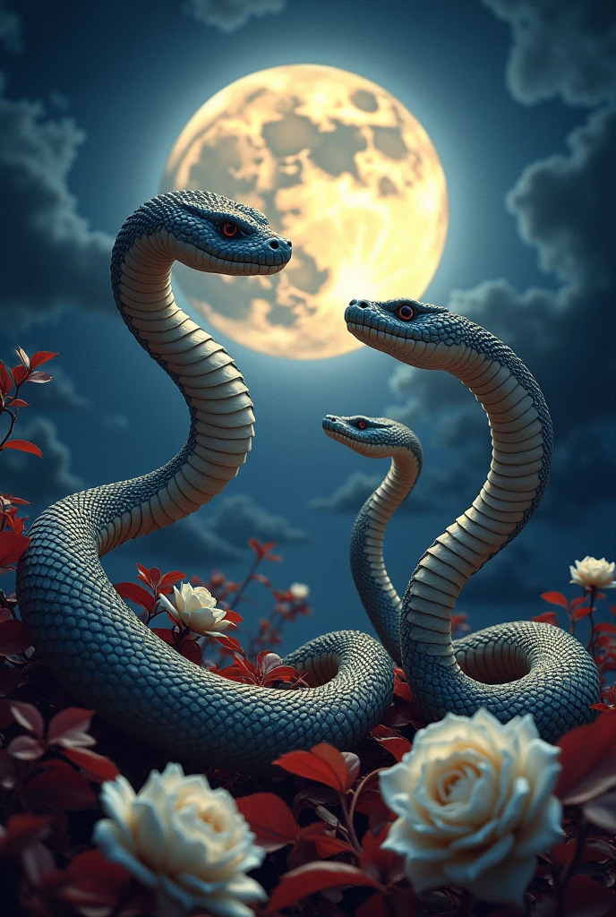 3 snakes  detailed perfect, Full moon sky, aple red , bliblie Holy! Fullhd high quality, perfect,white roses!white roses