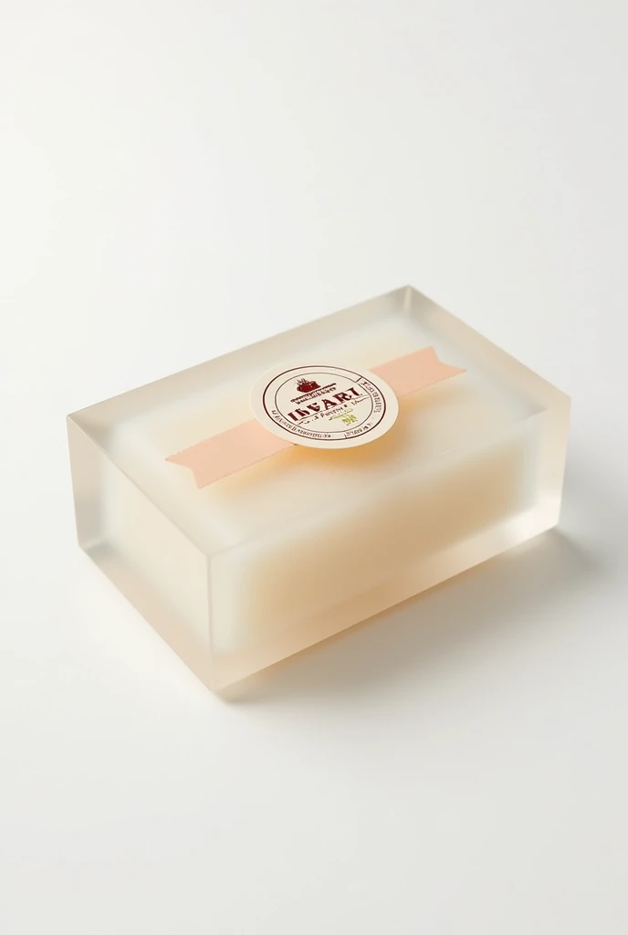 rectangular transparent soap, round logo banner written "Aelic" brown with red and gold details. white background.