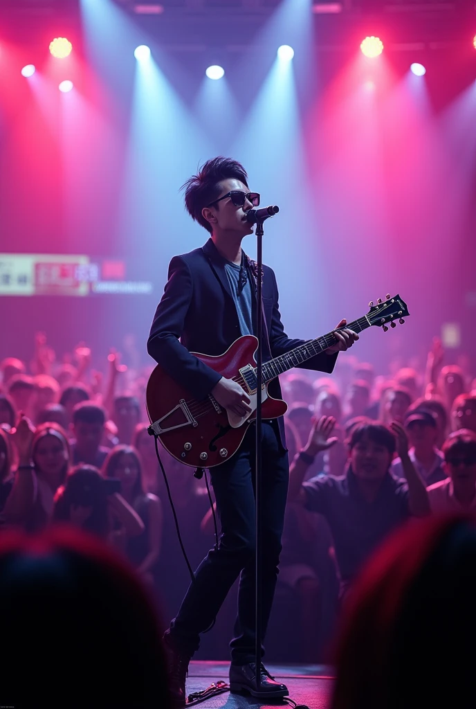 "/imagine a Korean jazz musician two block hair wear sunglasses playing a semi-hollow guitar on stage, thousands of audience, neon lights, stylish Korean street fashion"