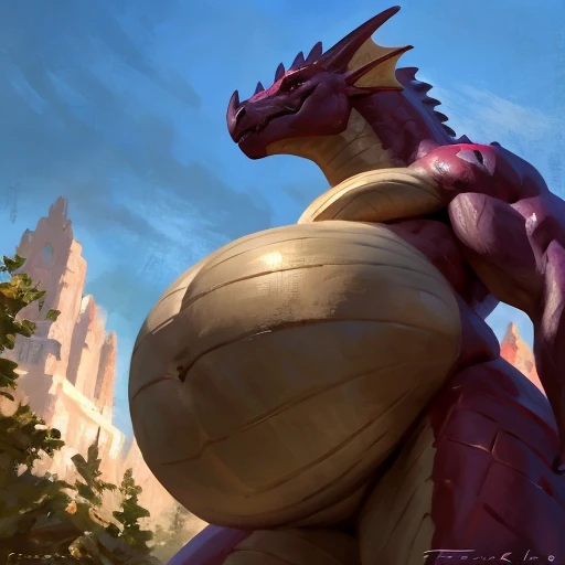 A gigantic muscliar dragoness with huge and round pregnant-like belly, her muscles and neck are thick and wide, her hunched body allows the viewer to get closer to her belly, close angle, close view, outlook angle, Detailed painting by Taran Fiddler