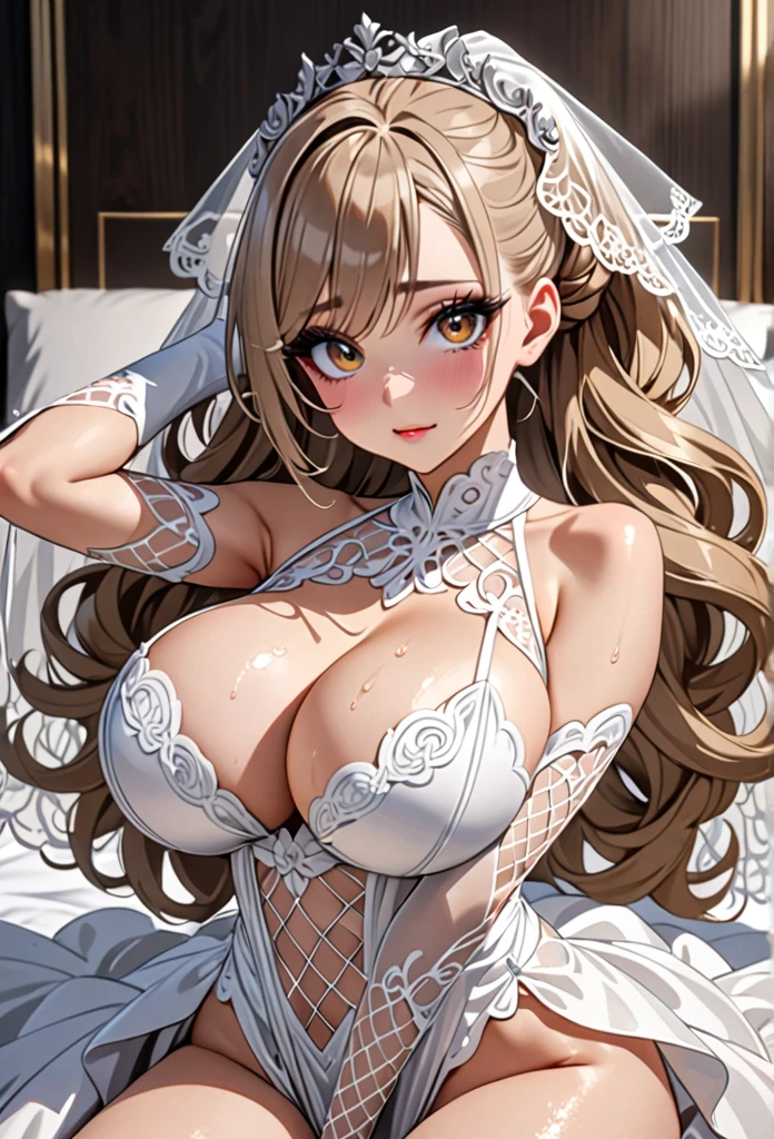 (((Highest quality, Ultra-high resolution、The most complex and detailed depiction)))、((masterpiece:1.3)), (8k, RAW Photos, Best image quality: 1.4), Very detailedな顔、Attention to detail、(Beautiful woman:1.4),(Realistic:1.4) (8k, RAW Photos,), (photo-Realistic:1.2), ((((Very detailed, Beautiful attention to detail)))), (girl:1.3)、(((Bride in a silver wedding dress)))、Dark eyeliner、Eyelash length、False eyelashes、double eyelid、Brown eyes、Light fluorescent lip gloss, ((hostess:1.2))，(White wreath on head、Wedding veil、Maria veil)),(((Open wedding dress)))、(((White mesh opera gloves))),(Huge breasts:1.6),、(Cleavage:1.2)、(((Light brown hair、Braided hair、((Putting hair together at the back of the head，Hair Up)))))、Gal-style makeup、Dark eyeliner、black eyeliner、Heavy eye makeup、Eyelash length、False eyelashes、Eyelash length、Big eyes、Big black eyes、Big eyes、elongated nose、Heavy makeup、Face with gills、Spread your legs and face forward、(((whole body)))、Spread your legs座る、Spread your legs、sexy、((Sweat、Your body is wet))、(((Lie face up on the bed)),(Breastfeeding with your arms、Cover your crotch with your hands)