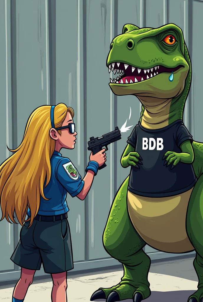 Femme blonde en training bleu et blanc avec des lunettes avec une inscription BK dans le dos. 
La fille menace avec un fusil un T-rex vert avec un tshirt ???? avec le logo BDB, mode cartoon, fond devant un grand batiment gris en metal, le t-rex pleure des grosses larmes avec ses yeux et est tres triste