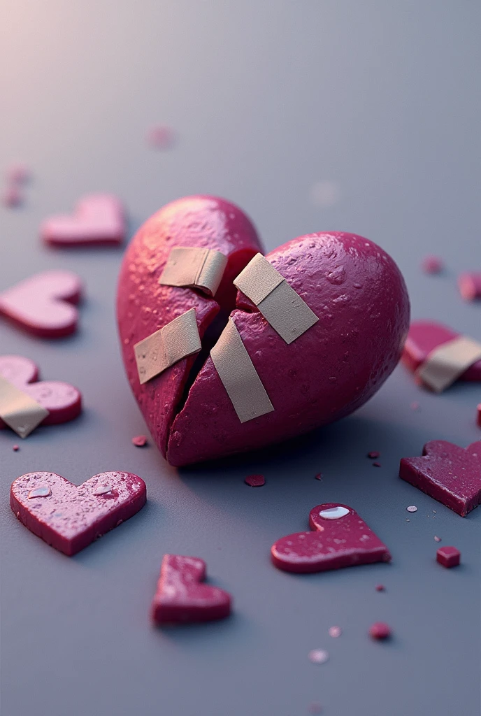 Description of a Fragmented Heart on the Ground, with a few tears on it and some band-aids holding each fragment together. Let the heart turn purple representing nostalgia.