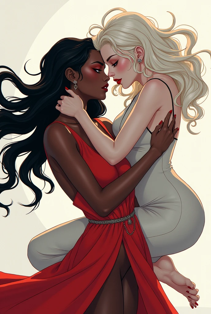 Anime style black woman and anime style white woman. White woman on top of black woman 