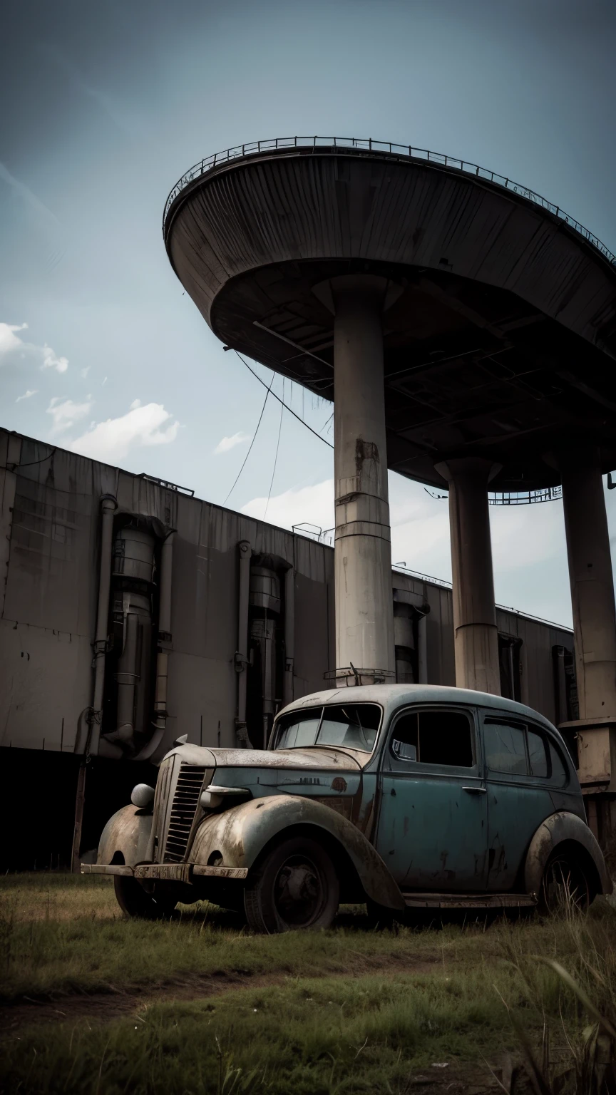 An old car in feild behind it a nucluer reactor in dark mood