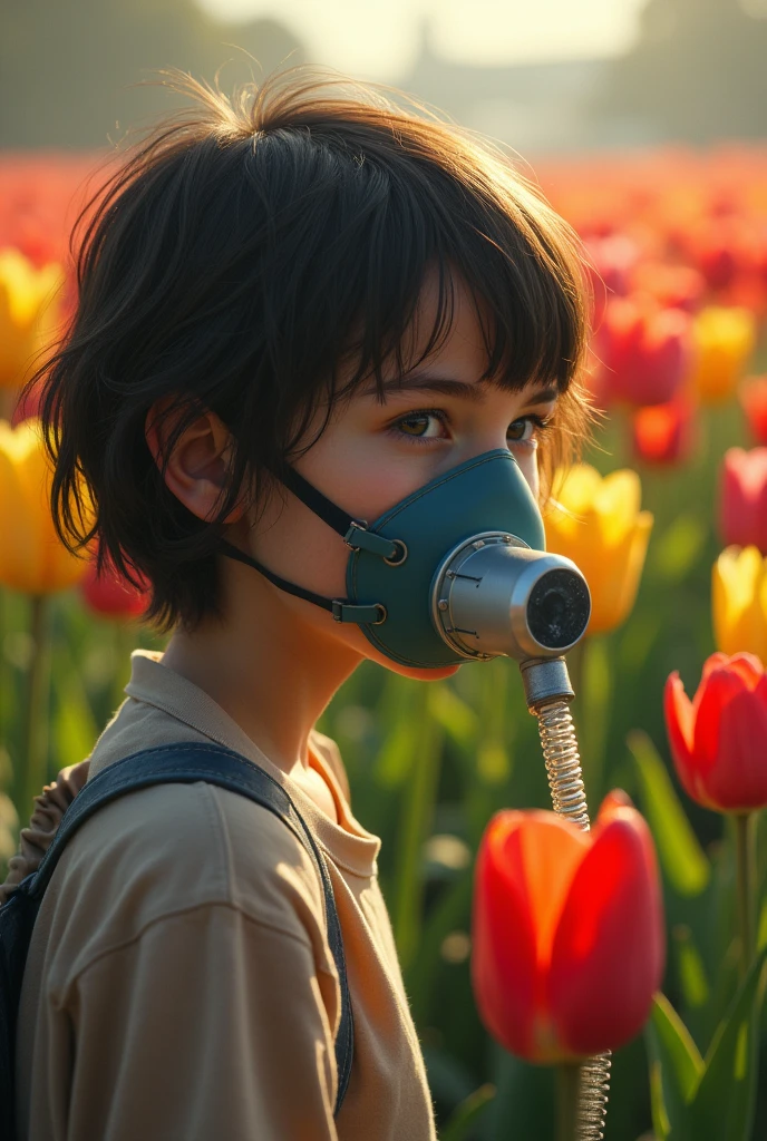 An imperial pain, where a 16 year old girl has cancer, with short hair, has a respirator (the tubes through the sea connected to an oxygen tank) but it is located in a field of tulips