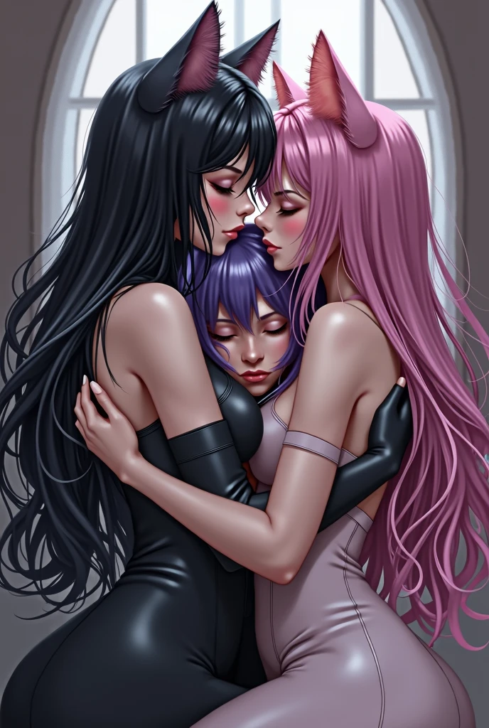 Trois filles neko qui s’embrasse. Noir, pink and purple hair
