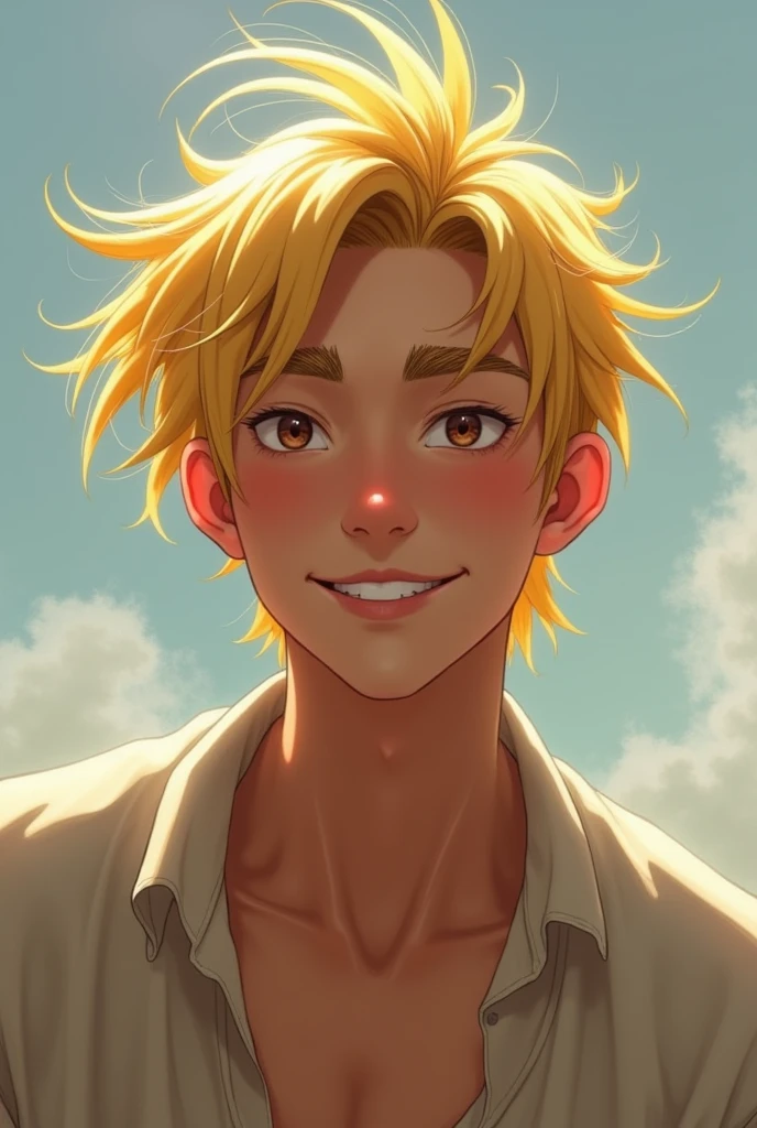 Asian human male with straight blonde hair messed up by the wind, with a wide, mischievous, somewhat mischievous smile and calm eyebrows
