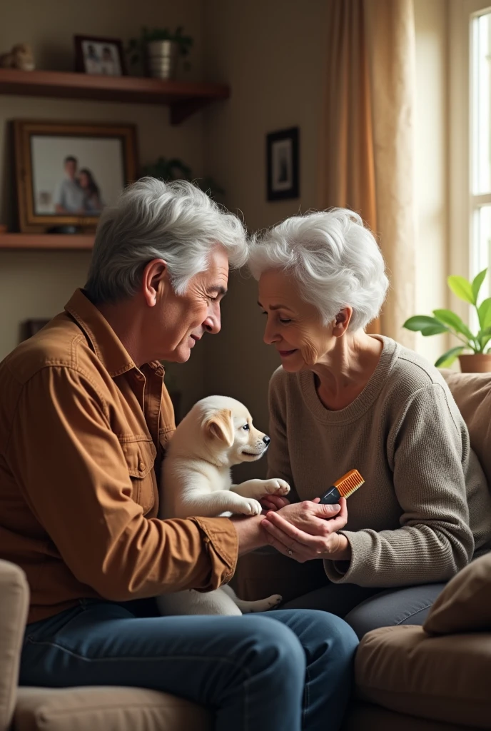 Elderly woman teaching her son how to take care of her small puppy REALISTIC STYLE