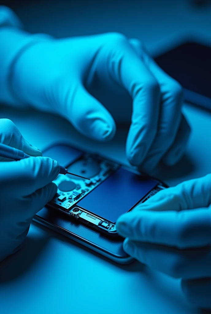 hands with light blue latex gloves, repairing a cell phone, with a small screwdriver, Removing the screen, in an environment with a blue LED spotlight, well defined cell phone zoom in hd