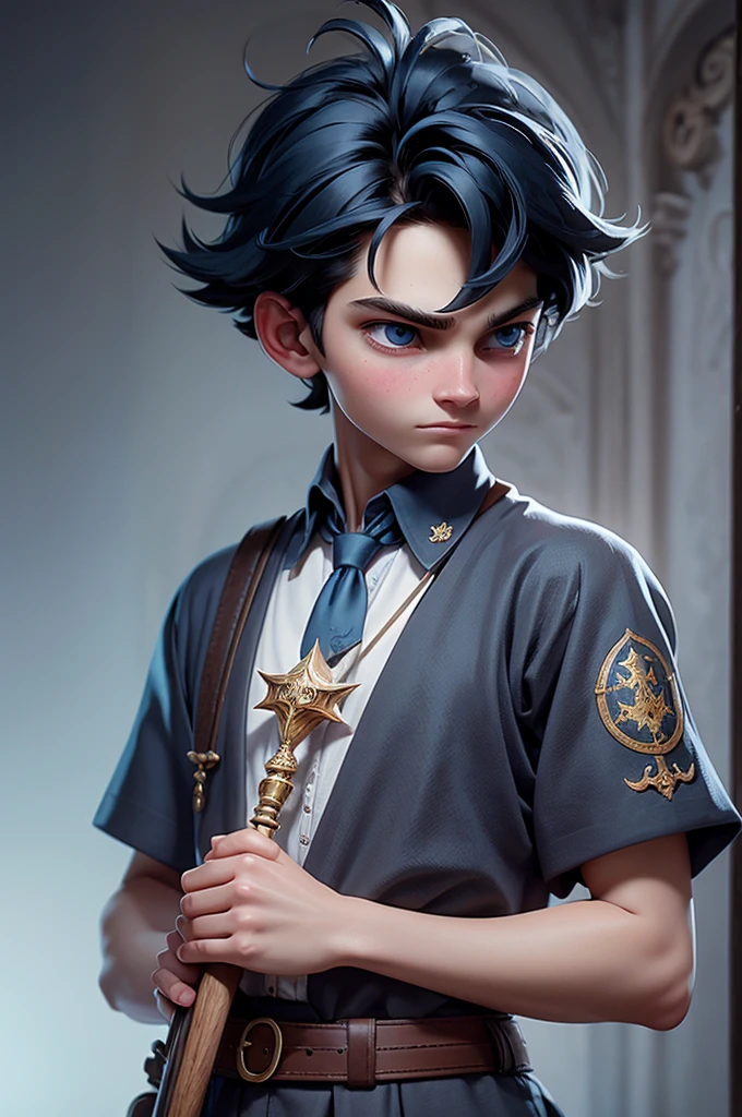 a young man with short black hair, wearing a schoolboy outfit, holding a wand, has a wizard-like appearance with an animal tattoo, has blue eyes and a grumpy look, in a medieval-style classroom, at a magic school, beautiful eyes, delicate features, soft colors, serene atmosphere, high quality, detailed, photorealistic, photo-realistic:1. 37, 4k, ultra-detailed, extremely detailed, hyperrealistic, highly detailed, masterpiece:1.2, vibrant colors, natural lighting, cinematic, dramatic, fantastic, magical, surreal.