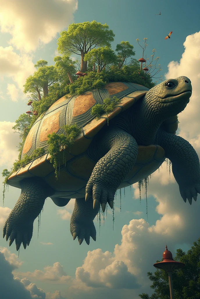 Giant flying turtle、Please create a forest on that shell.。
