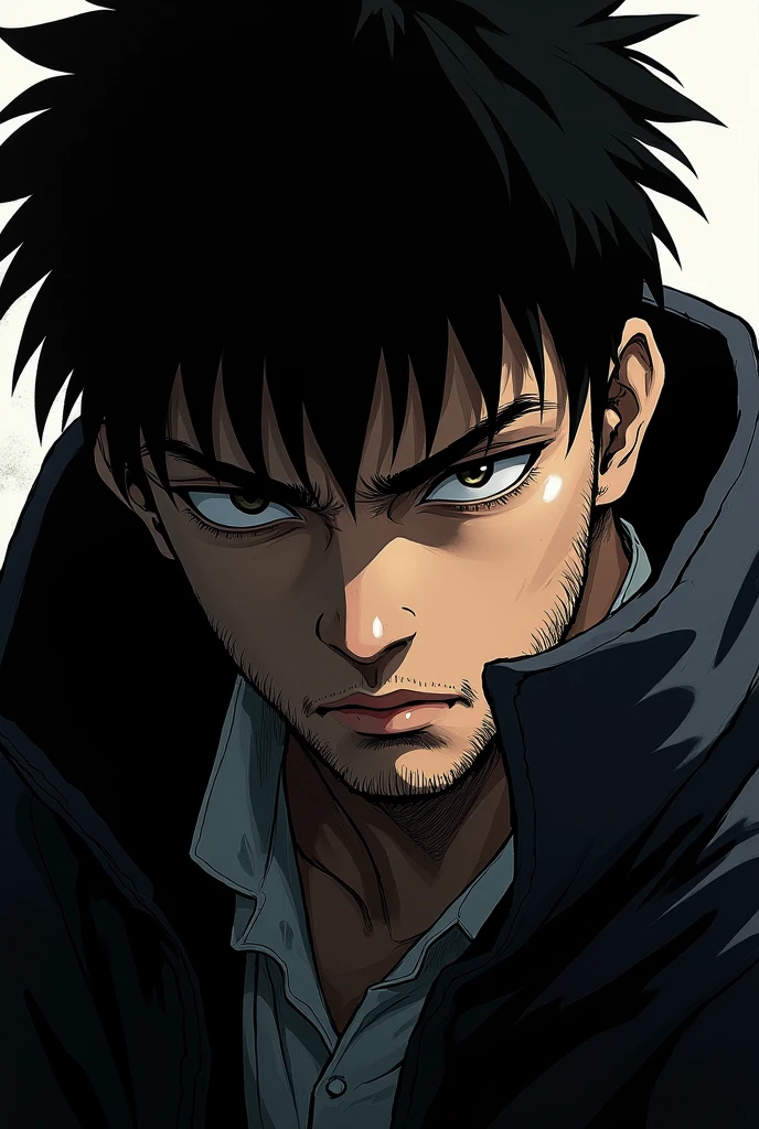 manga style, hd, young man, guts, covered face with shadow, shadow style