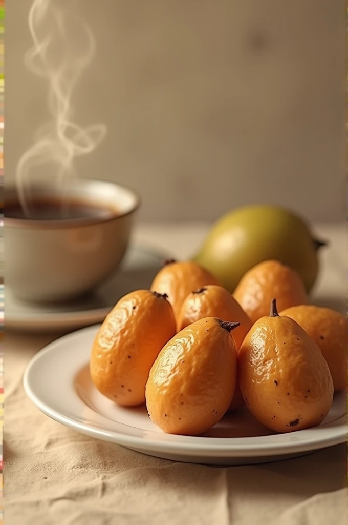 Some Pejibayes on a plate, with a cup of coffee 