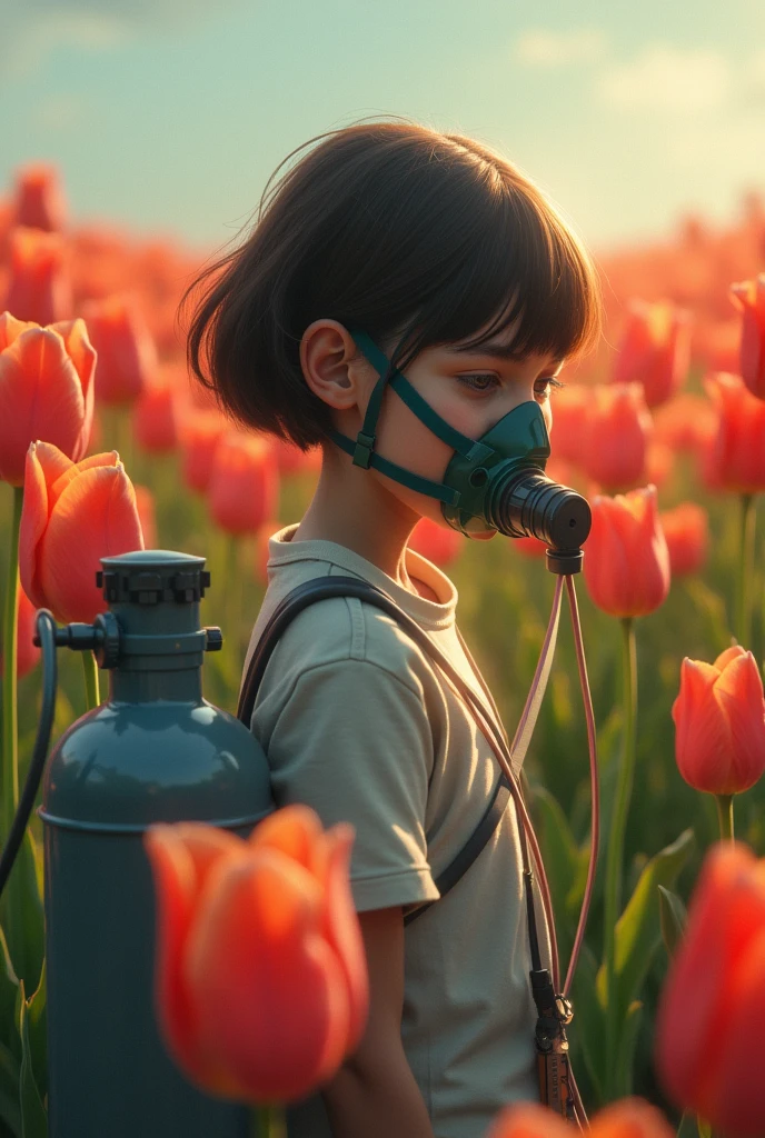 An imperial pain, where a 16 year old girl has cancer, with short hair, has a respirator (the tubes through the sea connected to an oxygen tank, like the girl from under the same star) but it is located in a field of tulips