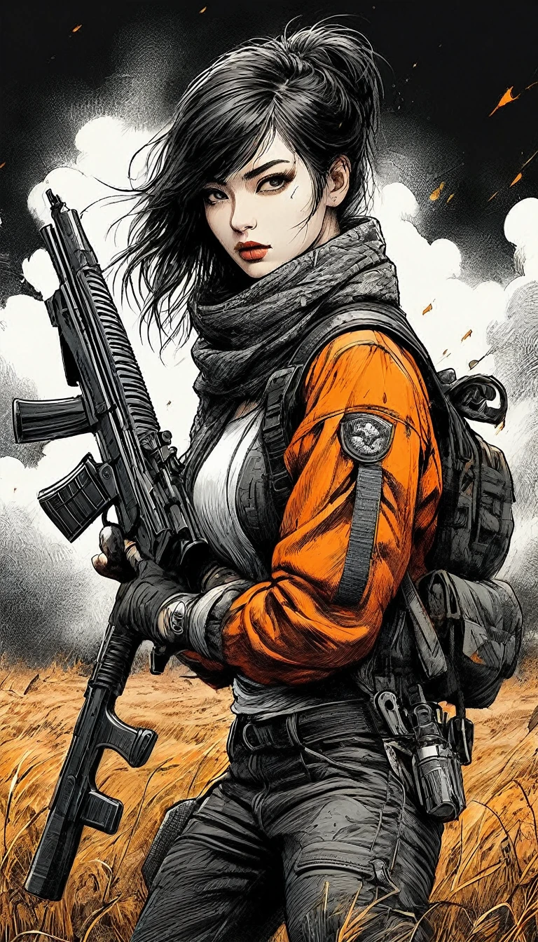 full body general shot,((dark and torn black and white illustration:1.5)), 1 young, beautiful muscular body, fierce expression, holding a gun, (colors in your clothes, warm up, orange, yellow, takes away: 1.3), standing in a desolate field, dramatic lighting, sombras intensas, gritty texture , hight contrast, swirly vibrant colors, dynamic pose, powerful posture, rough bottom, explosive atmosphere, dystopian theme, surreal elements, digitally painted illustration, High definition resolution, details Intricate, dramatic composition, avant-garde and chaotic brushstrokes, Gothic style, intense emotions, Epic scale, raw and courageous feeling, Captivating and thought-provoking works of art..