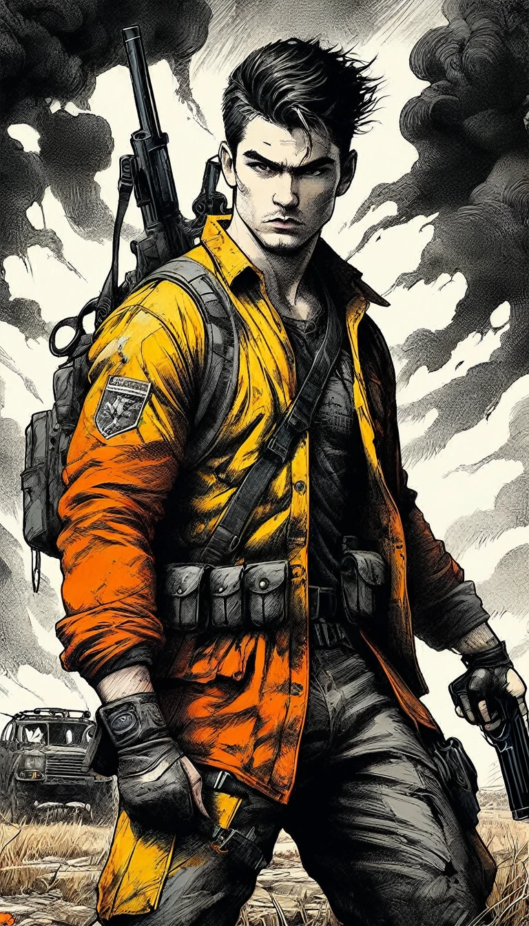 full body general shot,((dark and torn black and white illustration:1.5)), 1 young, beautiful muscular body, fierce expression, holding a gun, (colors in your clothes, warm up, orange, yellow, takes away: 1.3), standing in a desolate field, dramatic lighting, sombras intensas, gritty texture , hight contrast, swirly vibrant colors, dynamic pose, powerful posture, rough bottom, explosive atmosphere, dystopian theme, surreal elements, digitally painted illustration, High definition resolution, details Intricate, dramatic composition, avant-garde and chaotic brushstrokes, Gothic style, intense emotions, Epic scale, raw and courageous feeling, Captivating and thought-provoking works of art..