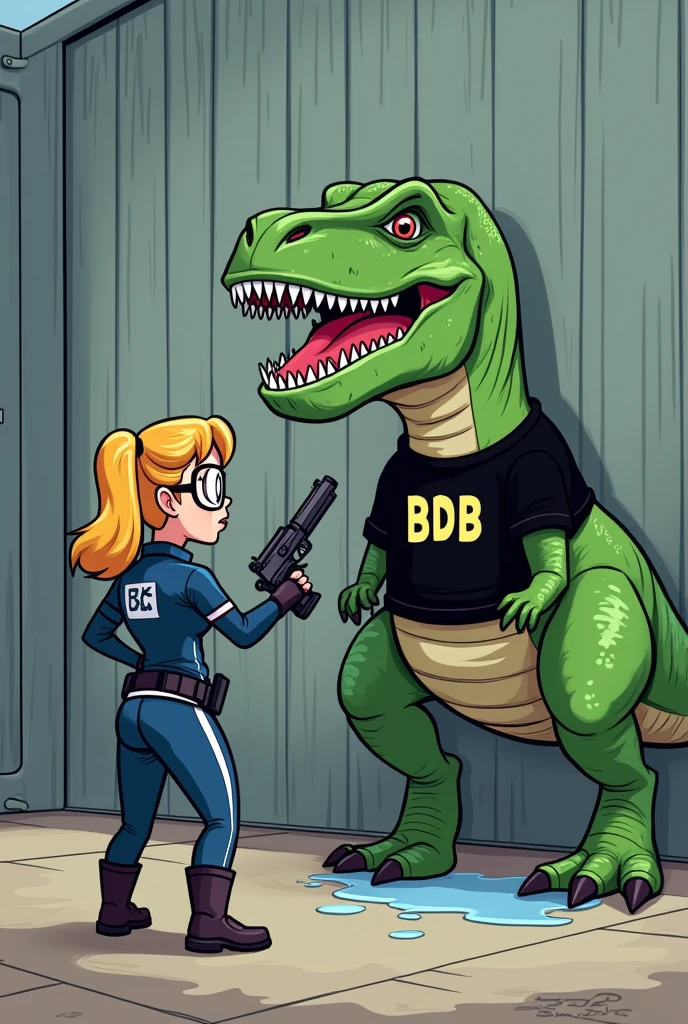 Femme blonde en training bleu et blanc avec des lunettes avec une inscription BK dans le dos.
La fille menace avec un fusil un T-rex vert avec un tshirt noir avec le logo BDB, mode cartoon, fond devant un grand batiment gris en metal, le t-rex pleure des grosses larmes avec ses yeux et est très triste. Flaque d’eau en bas des pieds du T-rex
