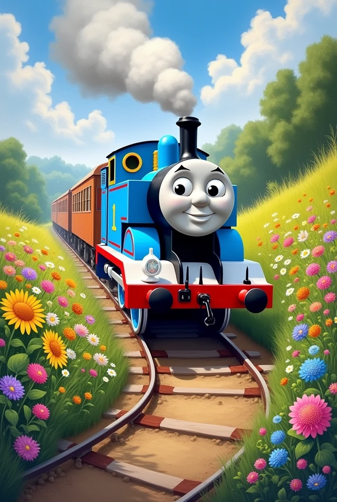 Create a painting of Thomas the Train passing through a flowery path