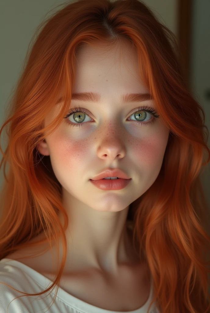 Girl, bambi eyes girl, green eyes, inocent face, cute face, long hair, beautiful, realistic girl, symmetrical face, photorealistic, red-haired girl, cute girl, 15 years, kawaii rusian, realistic, oval face 