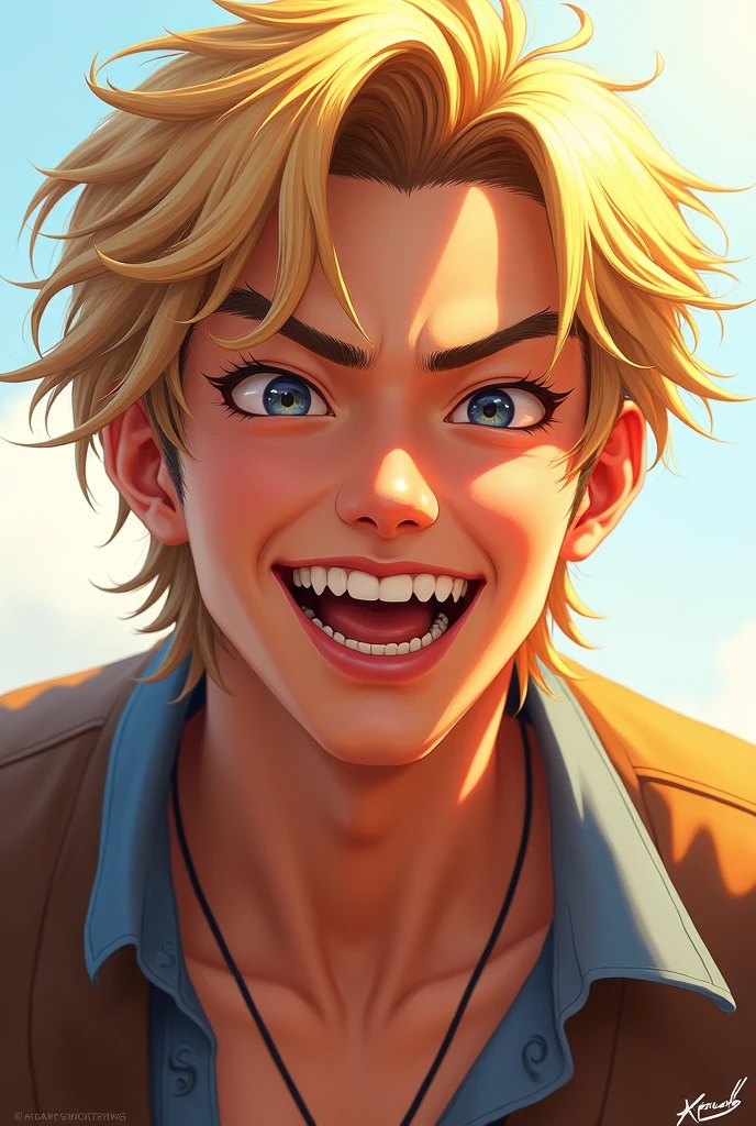 Asian human male with straight blonde hair messed up by the wind, with a wide, mischievous smile, with mischievous eyebrows

