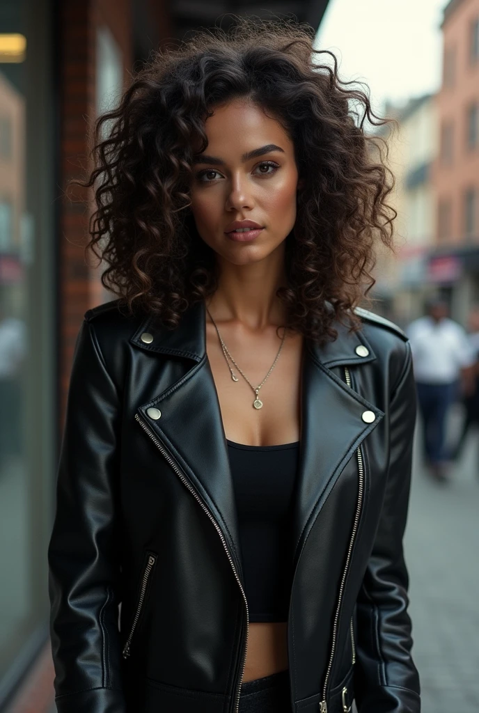 Woman curly hair leather jacket