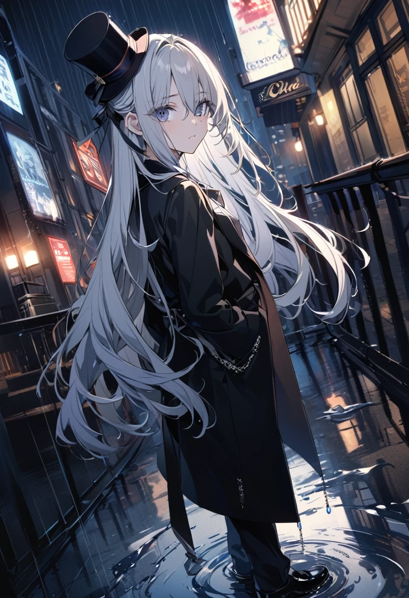 1990s, Film Texture, Top View, Written boundary depth, Looking Back, Lots of details, Handsome figure, woman, 20-year-old, Disheveled long hair, Inverted hair, Long Bangs, male, 20-year-old, Disheveled long hair, Long Bangs, Eyes visible through hair, Beautiful and exquisite long tail, Gray and silver hair, Beautiful fine hair, rain on delicate face, Indifference, Mouth closed, Perfect hands, Small breasts, Perfect delicate limbs, Beautiful Eyes, White skin, Chain, Hair Ribbon, Silver Bracelet, (Top Hat:1.4), gloves, Black coat, coat, Black trousers, Black shoes, formal, Outdoor, Cityscape, raindrop, puddle, London, Very detailed, wallpaper 8k CG