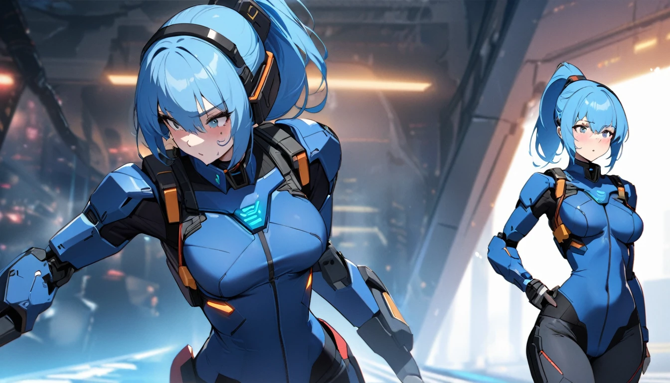 Blue Hair、Masterpiece、Best Quality、1 girl、Medium breast、Light on Face、Slim Body、Blue Costume、Exoskeleton、metal Gear、Cyberpunk Style、ponytail、The Gundam pilot、attention arousal,Ride a fighter