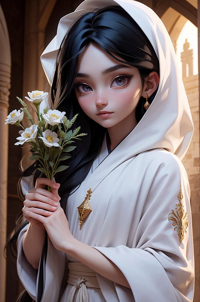 man, male, effeminate face, sorcerer, teacher, long smooth black hair, large black eyes, very light pale skin, silver eyes, Japanese , oriental, desert, marble castle, detailed face, detailed eyes, detailed hair, greenery, water magic, full body, desert greenery, desert plant, wind, magic wand, Arab city, arabic-style castle, MAGIC, magic circle, natural light, detailed face, beautiful eyes, delicate features, soft colors, serene atmosphere, high quality, detailed, photorealistic, photo-realistic:1. 37, 4k, ultra-detailed, extremely detailed, hyperrealistic, highly detailed, masterpiece:1.2, vibrant colors, natural lighting, cinematic, dramatic, fantastic, magical, surreal.
