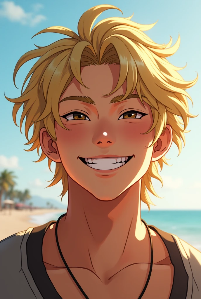 Asian human male with straight blonde hair messed up by the wind, with a wide, mischievous, somewhat mischievous smile with relaxed eyebrows