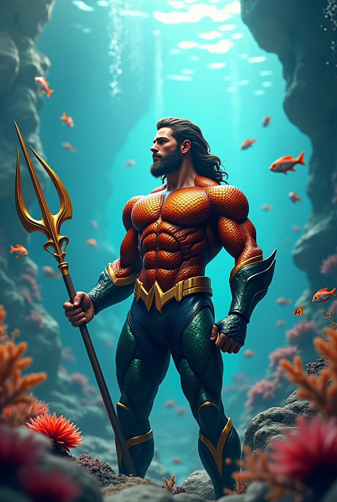 Image with the name anderson zahir in cursive letters with animated background of the superhero aquaman 3D art and marine animals 
