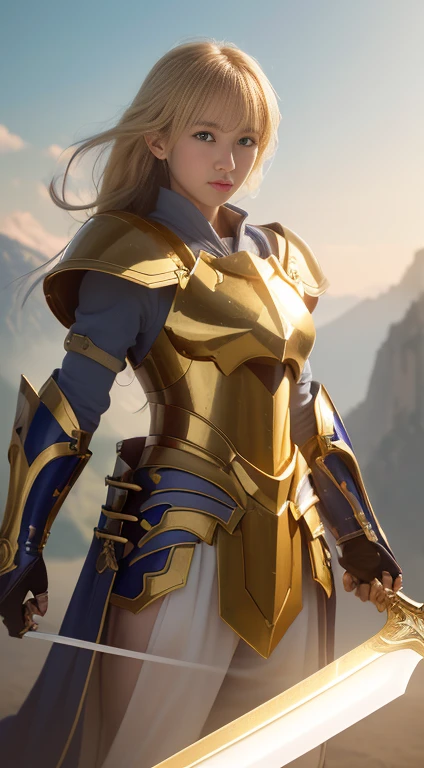 ((Highest quality, 8k, masterpiece: 1.3)),リアル8k,黄金の鎧をまとった威厳あるPaladin, Wield a sword filled with light, And a giant gold shield. Paladin&#39;His blue eyes sparkle with determination as he walks down the dark, mysterious streets... The glow of the Paladin&#39;The sword lit up the surroundings.., Uncover intricate details，Add a cinematic touch to your work. The overall aesthetics are、It captures the beauty and depth of the scene., Reminiscent of Fujifilm photos.　7-Head Body Slender Beauty、smile