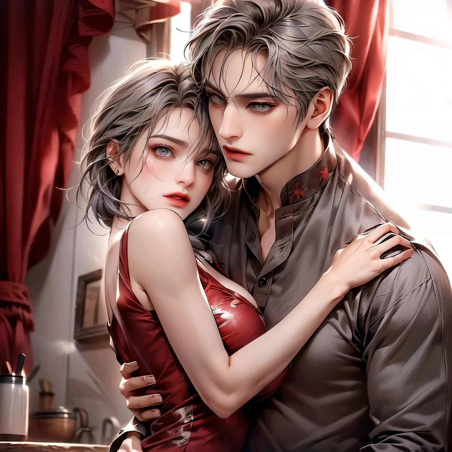 (masterpiece), (5K), (best quality), 2d Couple, ((a young gray hair couple)), ((a gray hair woman , pushed back locks, sharp eyes, slit_ pupils, pale eyes, small boobs, red dress)), brown eyes, ultra well detailed eyes, ((a gray hair guy, white royal clothes)), a passionate hug