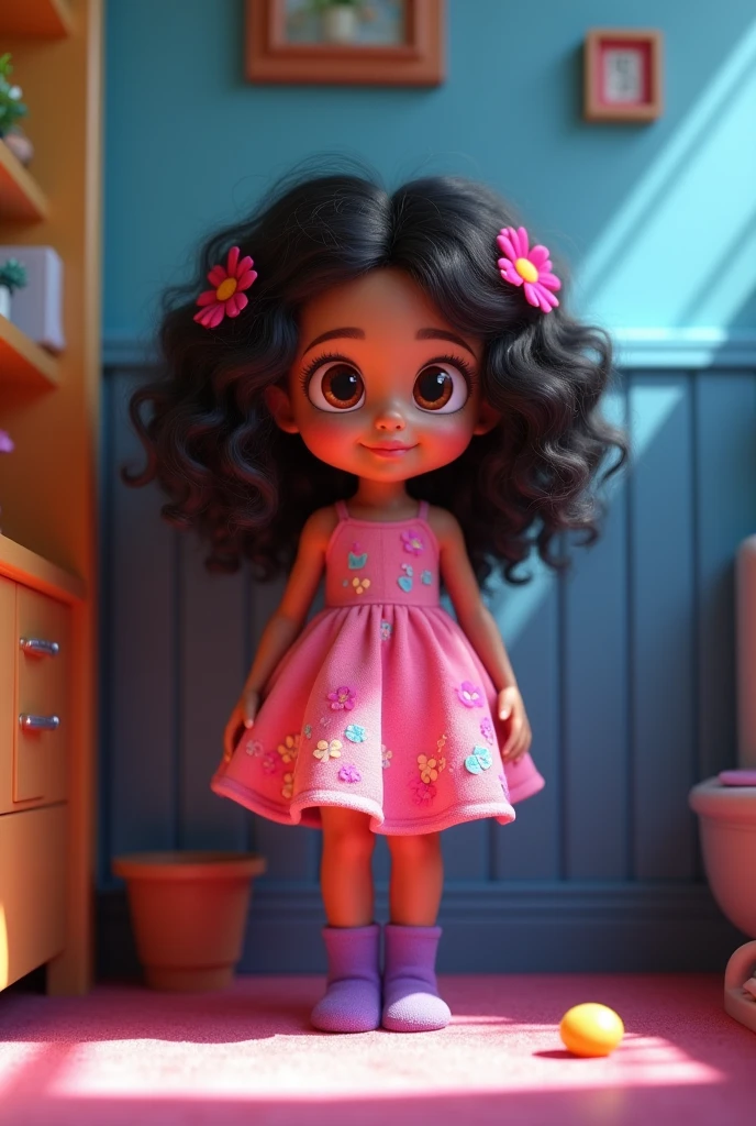 Disney Pixar character with black curly hair half brown eyes half light skin with pink flower dress purple socks with a scene inside a house half blue wall 