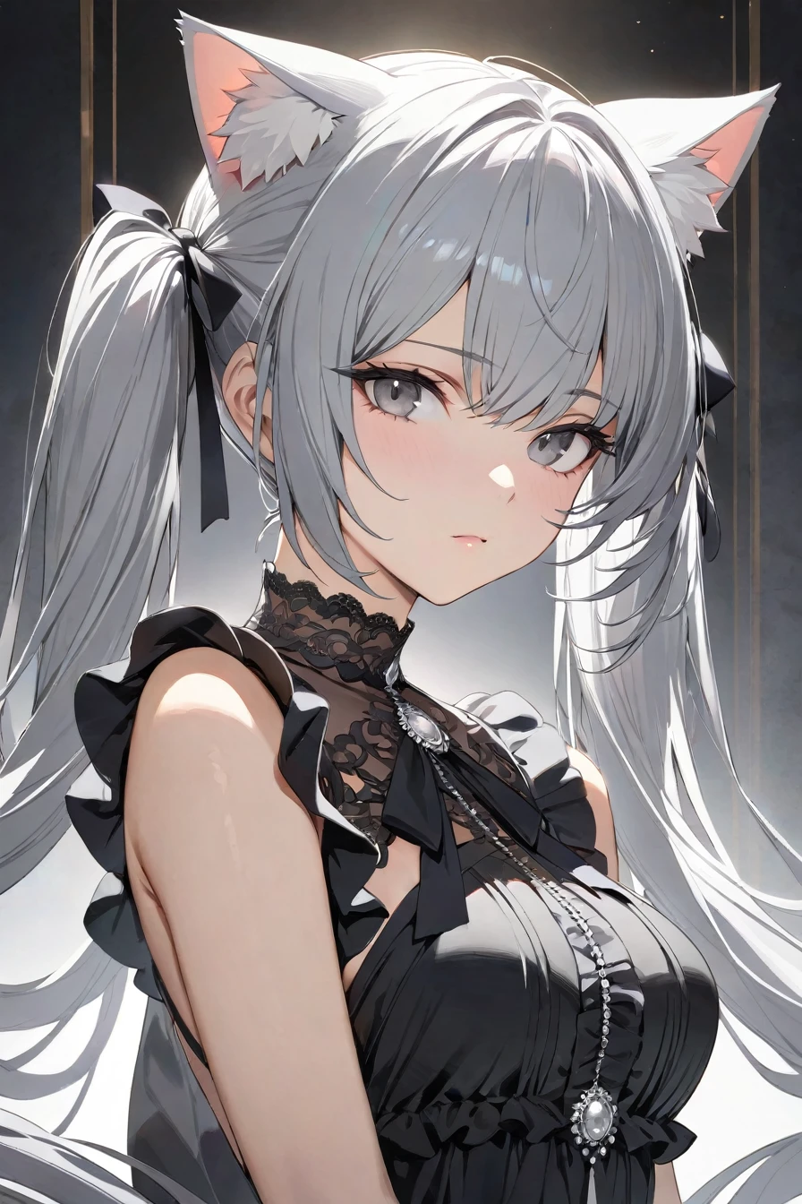 (masterpiece, Highest quality, High resolution: 1.2), 1 person, alone, Twin tails, Grey Eyes, Upper Body, dress, Silver Hair, Cat ear