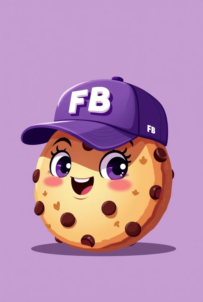 illustration type cookie that is happy, that has chocolate chips and has a purple cap that says FB in capital letters and the background is plain purple 