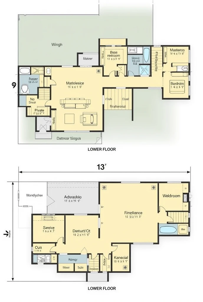 Create a house plan according to these measurements Lower Floor:hall: 4m x 5m,5M, kitchen: 3m x 4m, restroom: 2m x 3m, Service area: 2m x 2m, Entrance hall: 1,5M x 2m
Andar Superior: SUITE:Room: 3,5M x 3,5M restroom: 2m x 3m, Room  1: 2,5M x 4m, Room  2: 2,5M x 4m, Corridors and Stairs: 1,5M x 4m