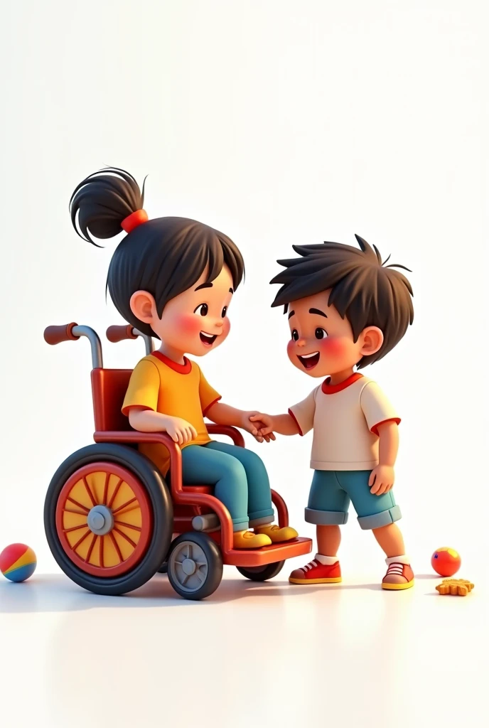 happy child , child in wheelchair, Asian child and a black child with a white background 