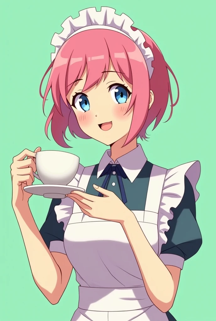 Cafe maid holding a cup of coffee in her left hand with short pink hair, blue eyes, a sensual and happy expression, age range between 18 and 26 years, anime style completely in 2D, with pastel colors, with a completely flat and green background