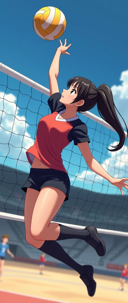 Anime girl playing indoor volleyball with black hair and smashing