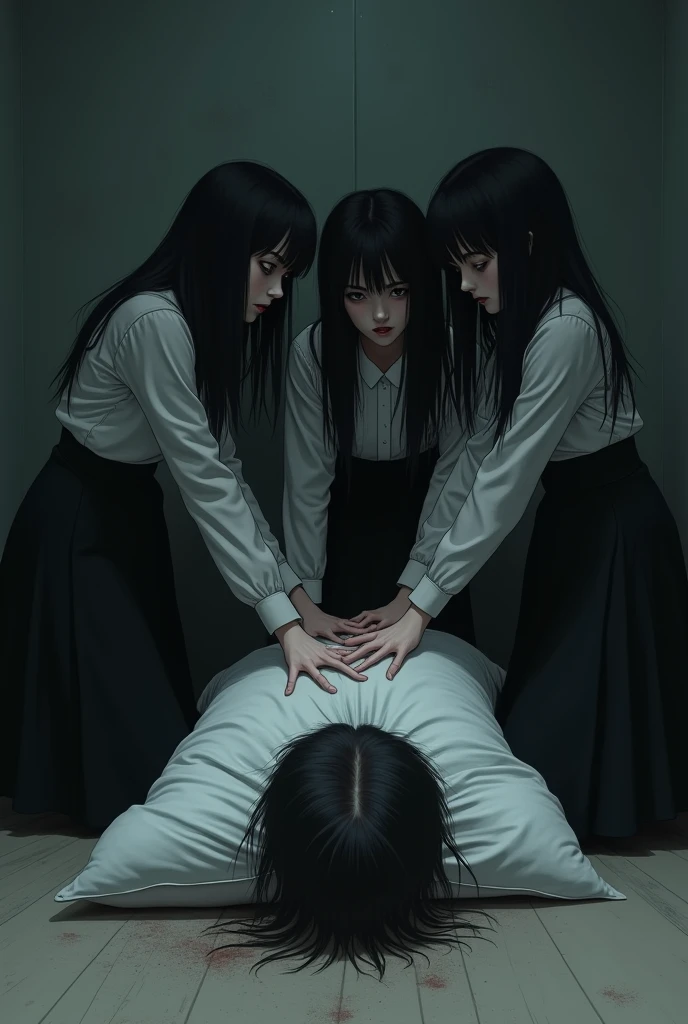 A group of murderous schoolgirls in long black skirts and long hair、A dead boy is lying on the floor, suffocating him with a pillow over his face.
