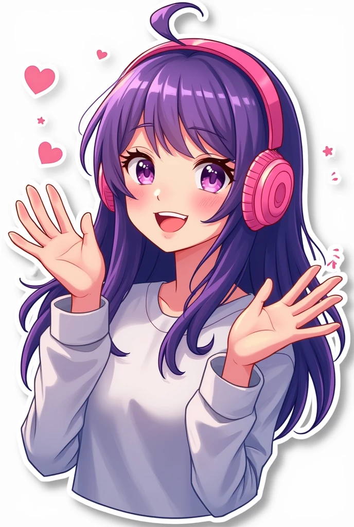 Sticker image of a girl with long purple hair wearing headphones waving 
