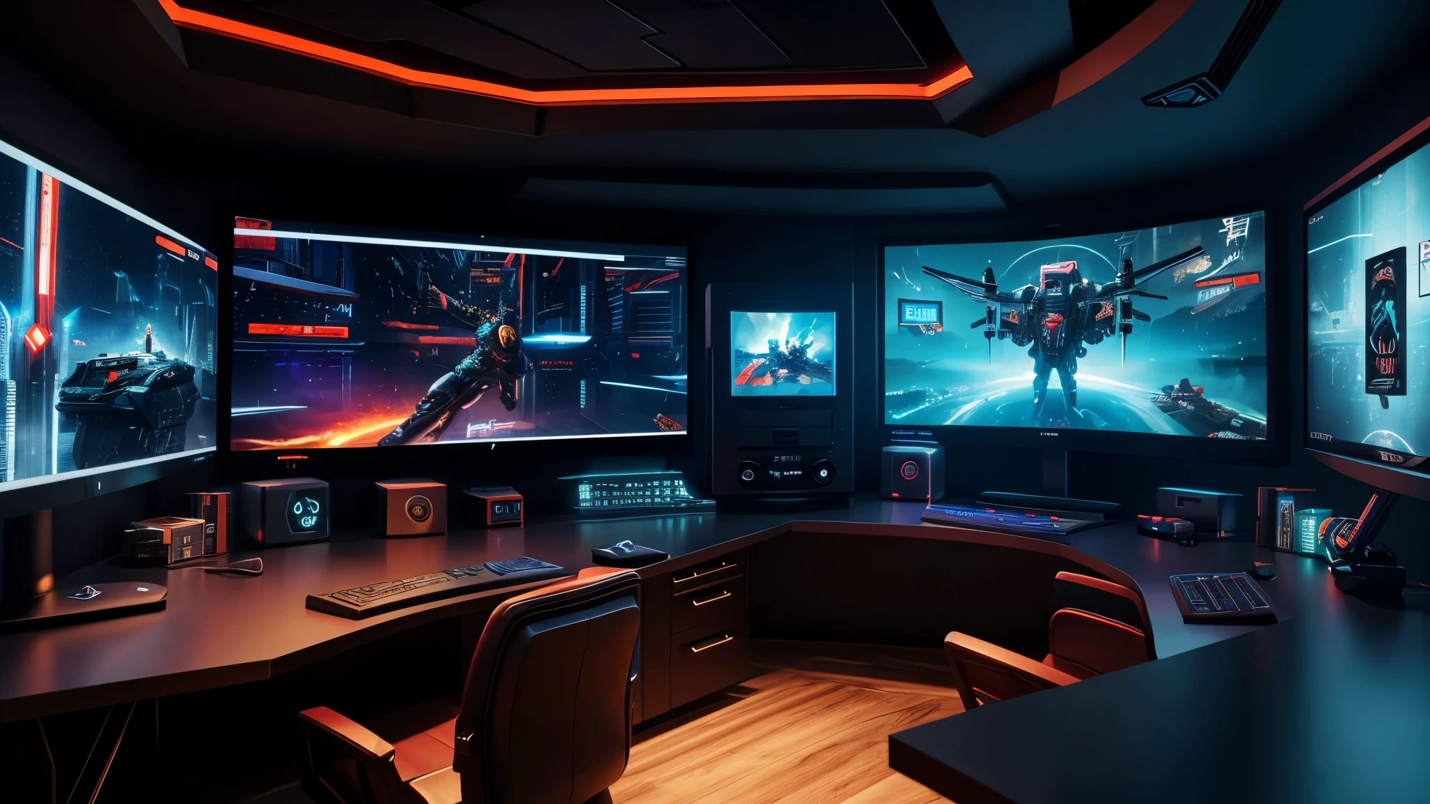 scifi, cyberpunk, futuristic, pc gaming room, hightech, daylight, cozy, much space, wide angle, a lot of tech, 3 flat monitors, monitor ratio 21:9, monitor size 34 zoll, realistic view, ambient light, year 2124, cinematic