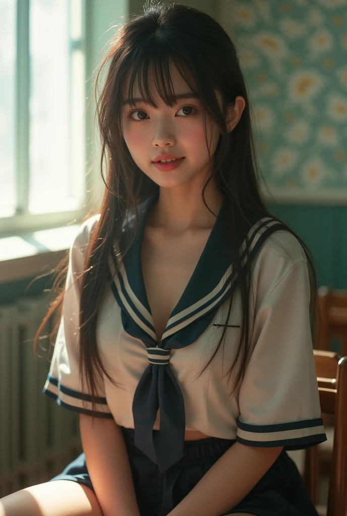 (masterpiece, Highest quality), One person, Lips parted, blush, compensate, A light smile, school uniform, classroom, light, Shine, Thighs, clavicle, Tight waist, (masterpiece), wallpaper