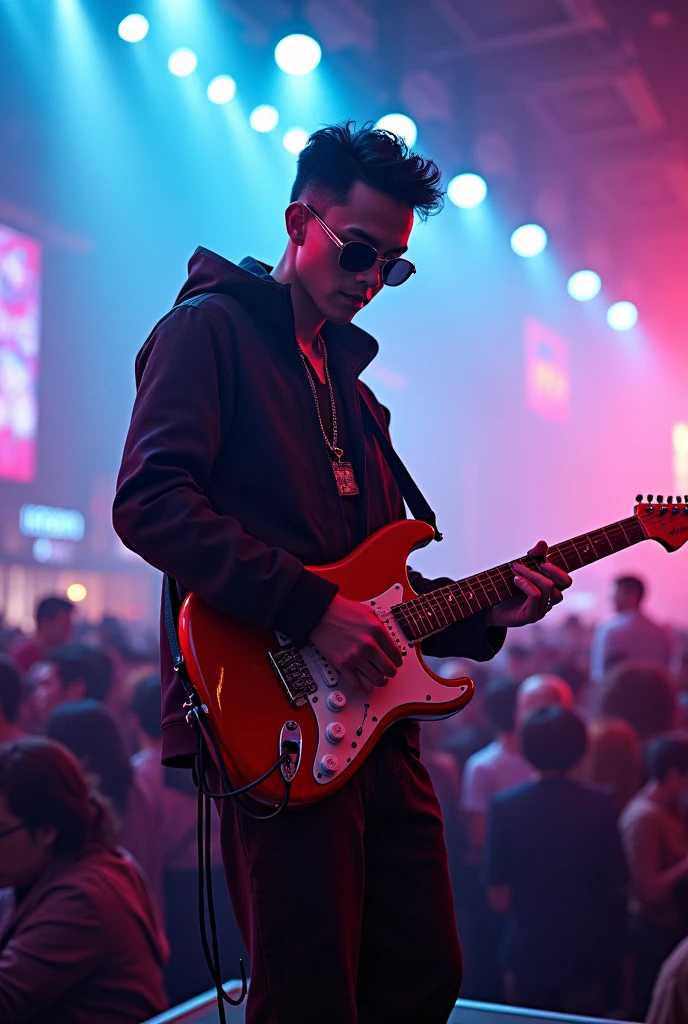 "/imagine a thai jazz musician two block hair wear sunglasses playing a semi-hollow guitar on tinydesk stage, thousands of audience, neon lights, stylish Korean street fashion"
