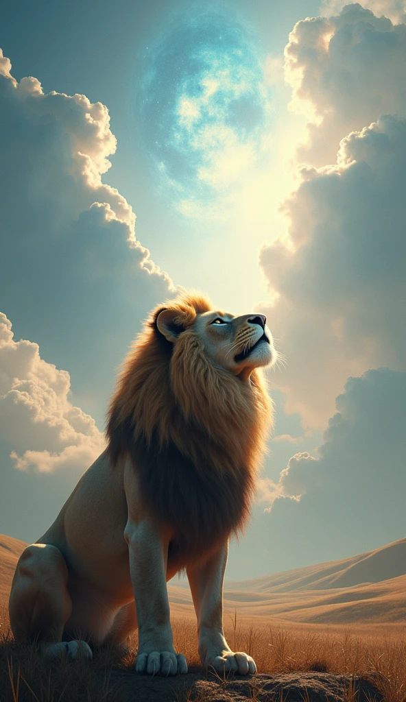 Generate an ultra realistic 8k image of a strong, robust lion looking at the sky , in the sky among the clouds something divine