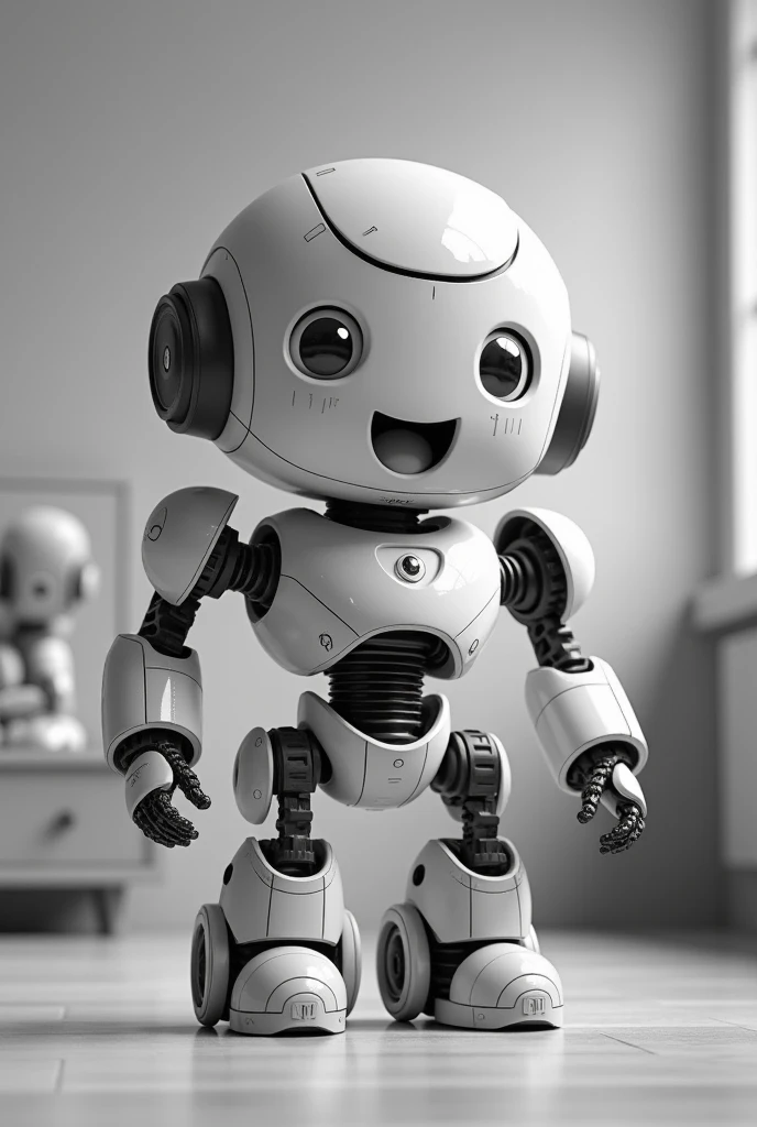 simple background,fundo de quarto ,cute robot,(looking ahead at viewer),[suprised:glad:0.4],impossible pose,black and white tones, opaque,extremely detaild,voxels.
