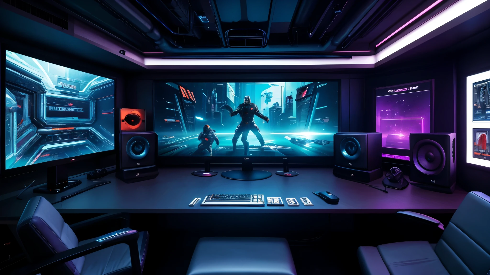 scifi, cyberpunk, futuristic, pc gaming room, hightech, daylight, cozy, much space, wide angle, a lot of tech, 3 flat monitors, monitor ratio 21:9, monitor size 34 zoll, realistic view, ambient light, year 2124, cinematic