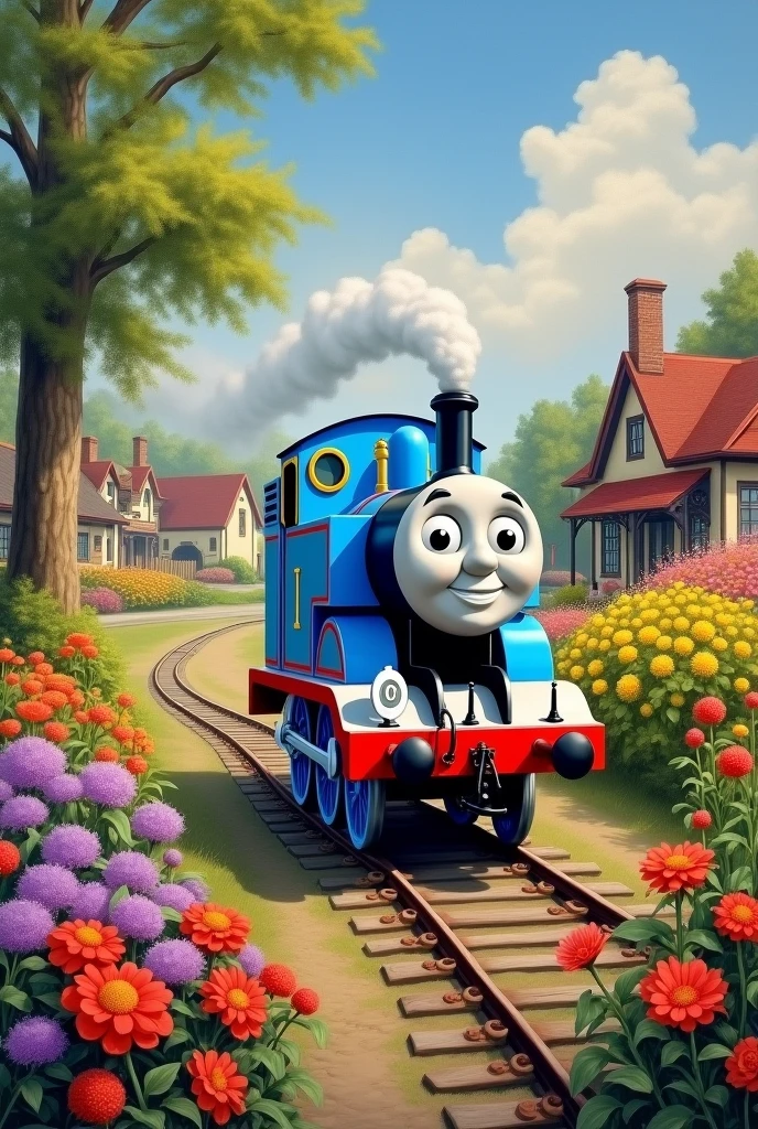 Create a painting of Thomas the Train passing through a flowery path, with buildings and Knapford station